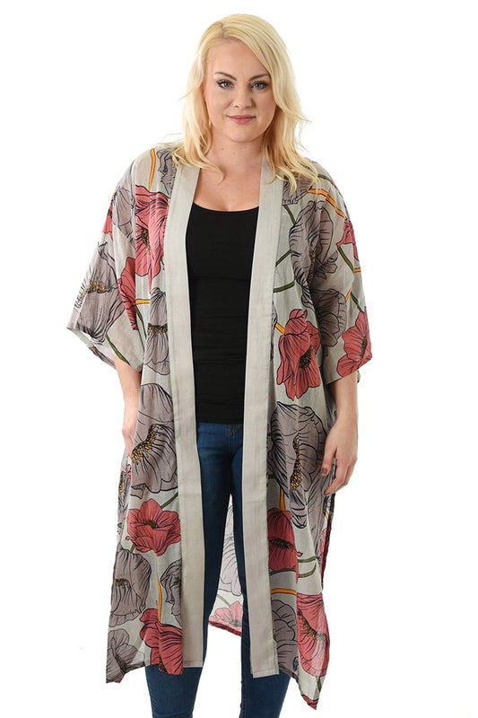Kimono Pink Grey Floral Lang | Youtrend