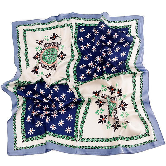 Tørkle med Blomster print i Satin Silk Blå | Youtrend