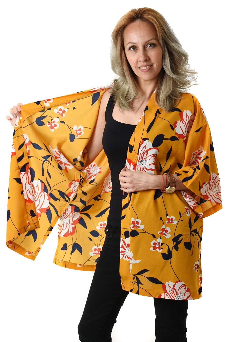 Kimono Mustard Flower Print Kort | Youtrend
