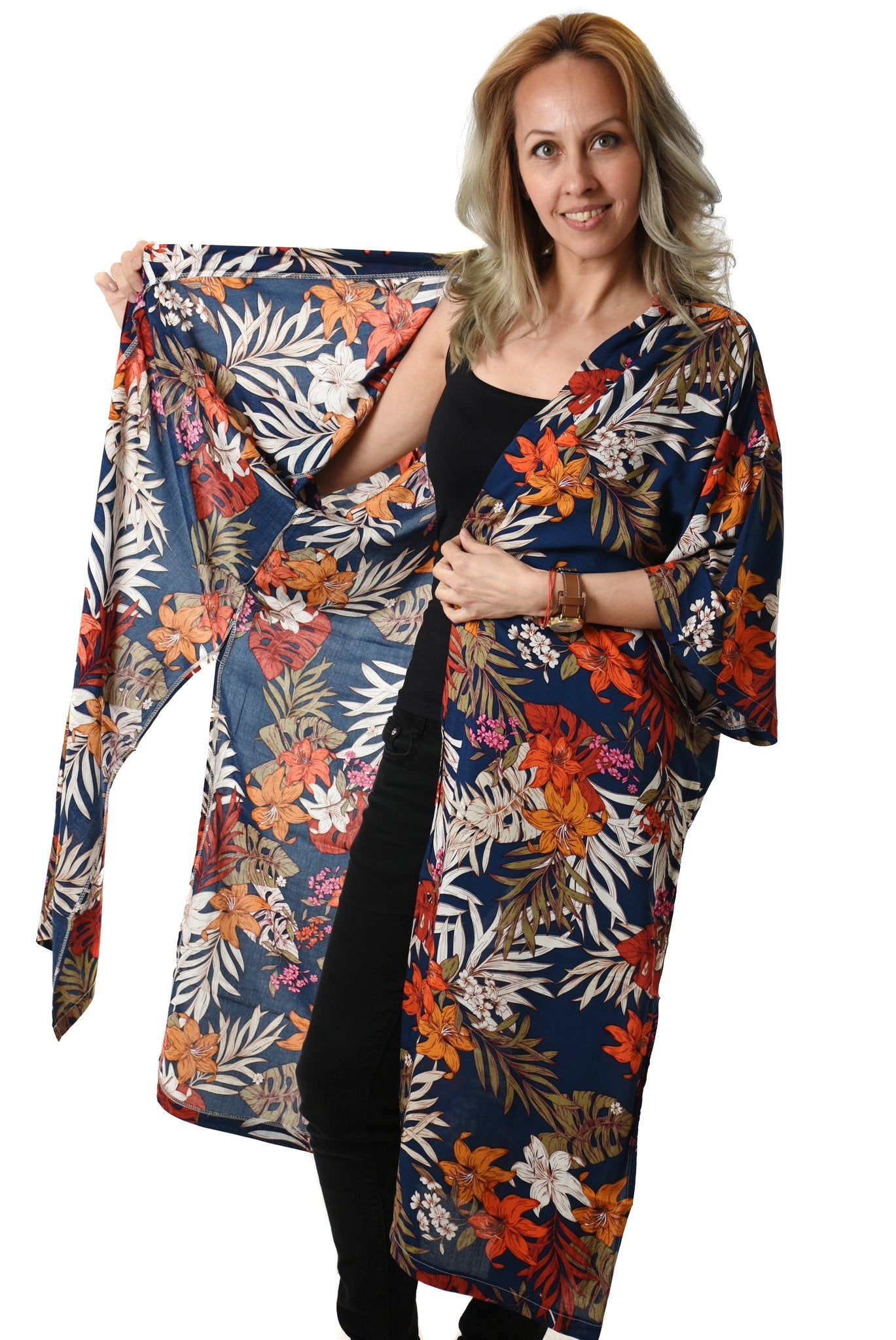 Kimono Navy Flower Print Lang | Youtrend