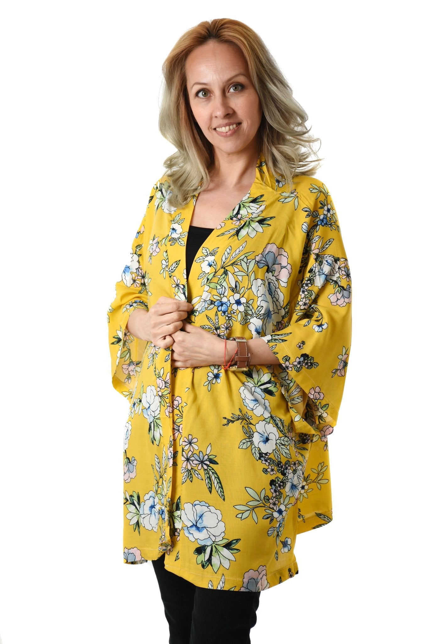 Kimono Yellow Flower Print Kort | Youtrend