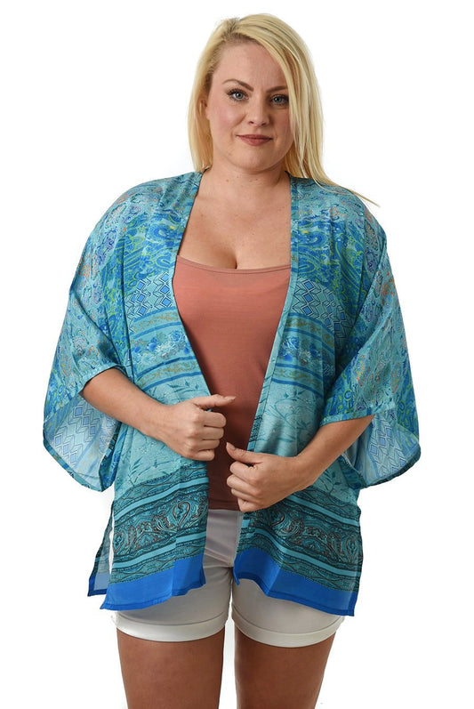 Kimono Turkis Abstrakt Print Kort | Youtrend