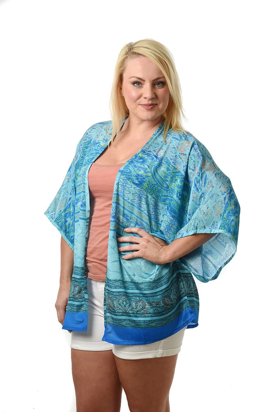 Kimono Turkis Abstrakt Print Kort | Youtrend