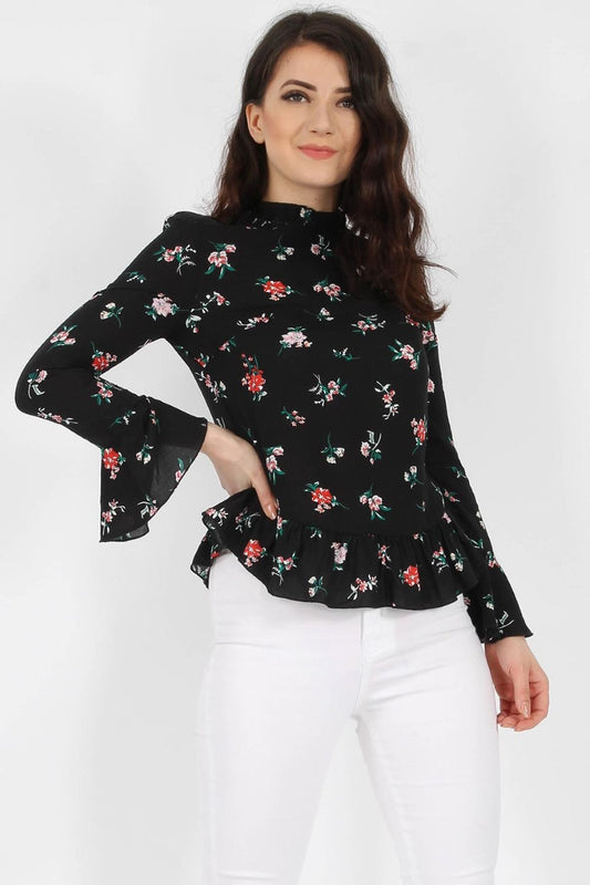 Svart blomstret bluse